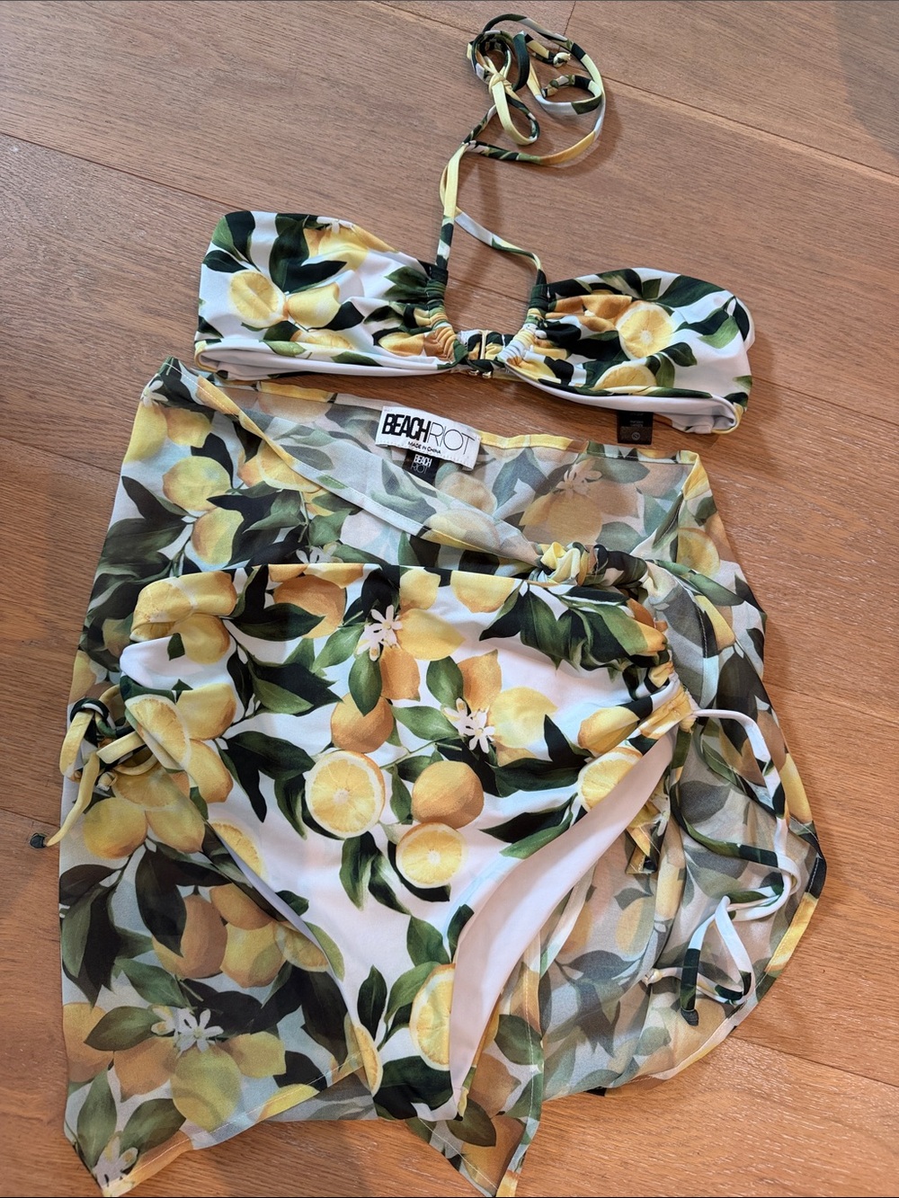 Beach Riot Lemon Print 3 Piece Bikini Set + Sarong XS/S Amalfi Swim Size Small